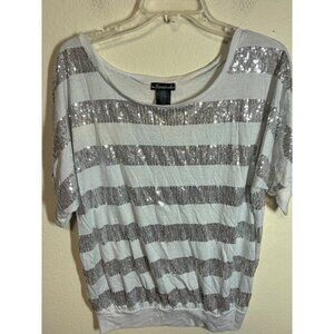 Lovestruck Sequin Shirt Glam Casual Knit Top Silver White Size XL